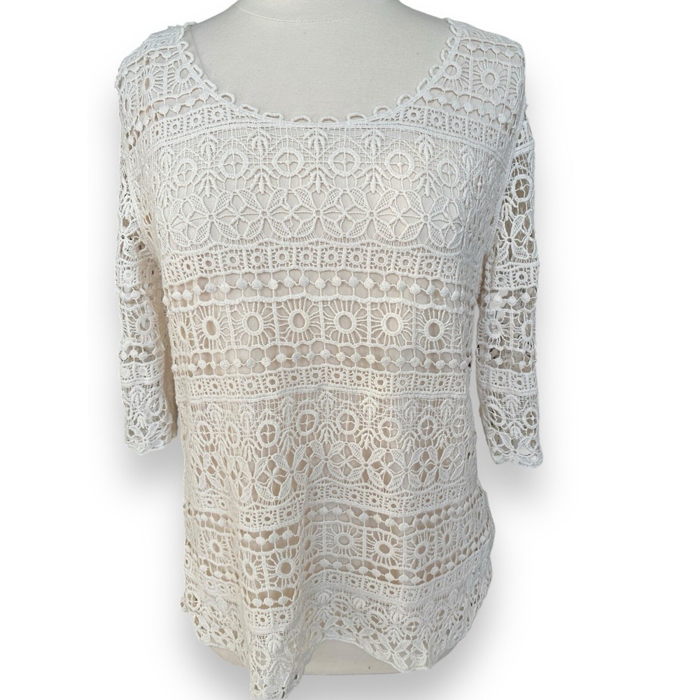 Christopher & Banks Petite XL Top Shirt Tunic Crochet Lace 3/4 Sleeve Ivory